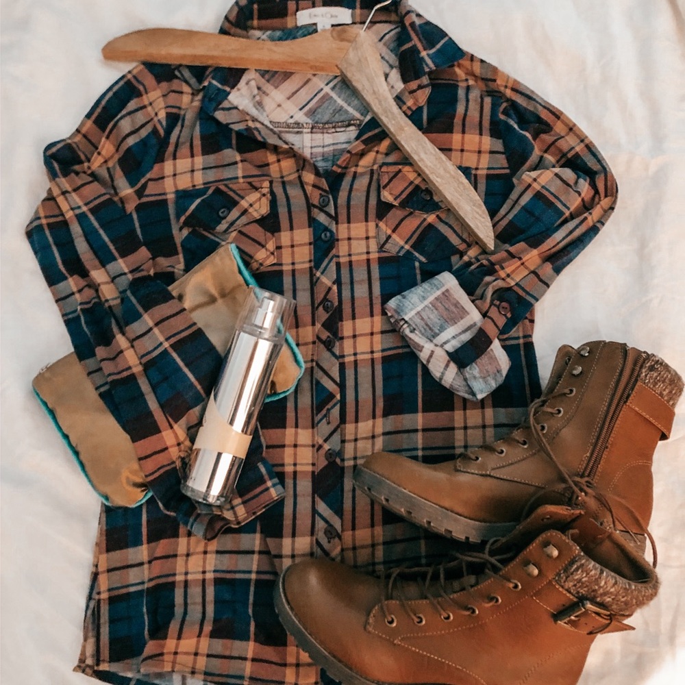 Brown and blue plaid button up